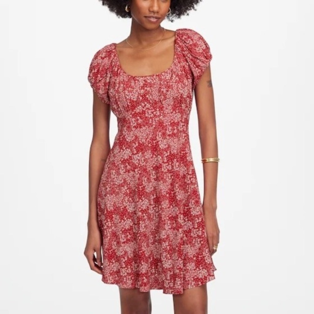 NWT Madewell Ruched‎ Scoopneck Mini Dress Red Floral Size 4